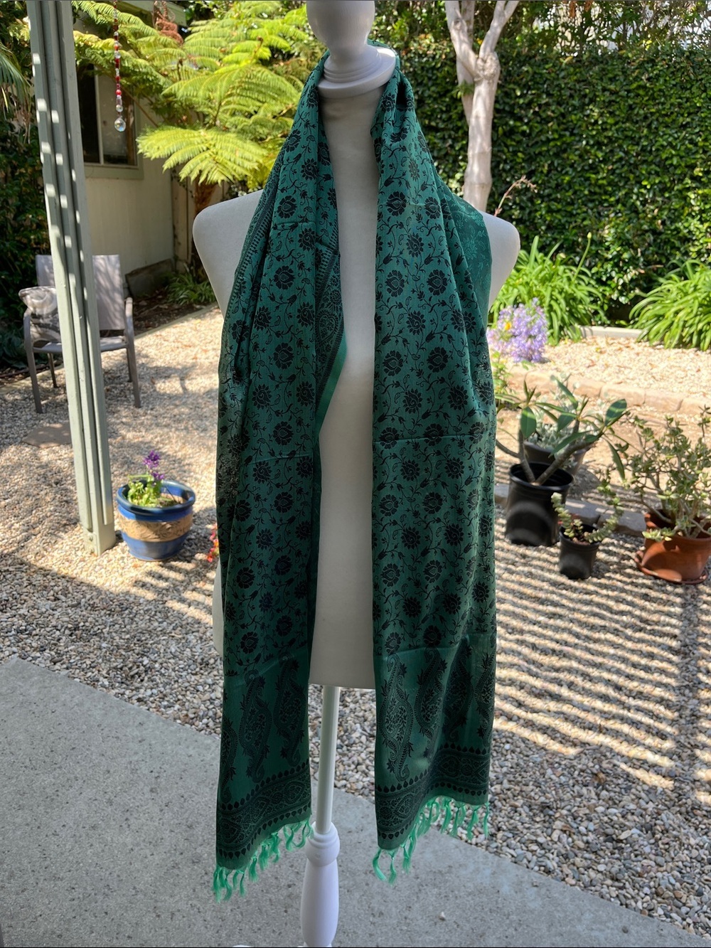 NWOT Silk India Teal Wrap Scarf Flowy with Fringe - Picture 5 of 10